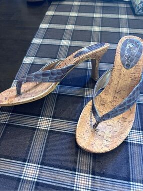 Rampage Cork Wedge Thong Sandals with Metallic Gray Croc Straps